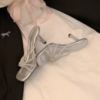 2026 Summer New Arrival European And American Style Open Toe Square Toe Multi-Row Rhinestone Stiletto Women's High Heel Sandals
