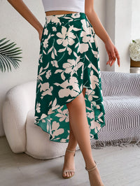 Women's Elegant Floral Print Ruffle Hem Midi Asymmetric Skirt
