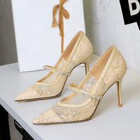 Mesh Rhinestone Pearl Single Strap Stiletto Heels