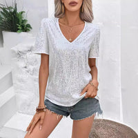 Women's Solid Color Sequin V-neck Loose Short Sleeve
