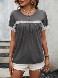 Crew-neck Lace-panel Short Sleeves