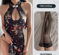 Straw Girl Improved Retro Printed Cheongsam Slit Sleeveless Bodycon Halterneck Nightdress