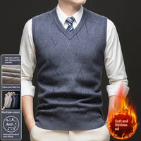 Mens Thickened Sleeveless Knitted Vest With V-Neck And Diamond-Check Pattern