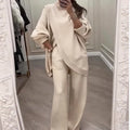 Womens Solid-Color High-Neck Cross-Over Knit Top And Pants Two-Piece Set