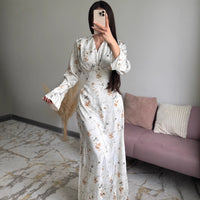 European And American Spring High-End French-Style V-Neck Satin Printed Maxi Dress