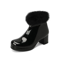 Womens Short Boots For Fall Winter Patent Leather Chunky Heel