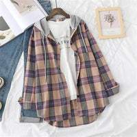 Retro Hong Kong Style Springsummer Autumn Plaid Shirt Women's Loose And Hooded Cardigan Coat