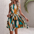 Printed Halterneck Off-Shoulder Lace-Up Waist Beach Pleated Skirt