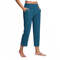 Womens Solid-Colored High-Waist Pockets Casual Pants