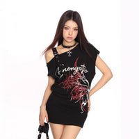 Graffiti Slant-Neck Off-Shoulder Short-Sleeve T-Shirt Women's