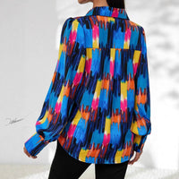 Womens Fashion Printed Lantern Sleeve Colorblock Loose Top