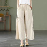 Cotton-linen Solid-color Elastic-waist Loose-fitting Multi-color Straight-leg Wide-leg Pants