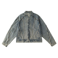 Retro Short Frayed Hem Denim Jacket Women's Stand Collar Loose Design Patchwork Top