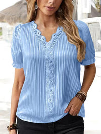New V-neck Solid Color Lace Hollow-out Short-sleeve Shirt