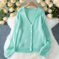Women's Deep V-neck Solid Color Buttons Cardigan Knitted Sweater Coat