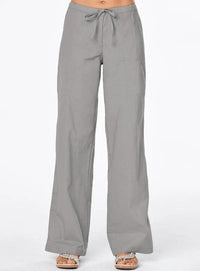 Solid-color Drawstring-pocket Loose Casual Wide-leg Linen Pants