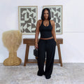 European And American Style Summer Solid Color Casual Halter Top And High-Waist Wide-Leg Pants With Pockets