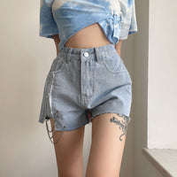 Women's Chain Raw Edge Washed Denim High Waist Wide Leg Shorts