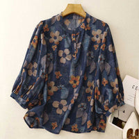 Womens Retro Chic Printed Three-Quarter Sleeve Chiffon Top