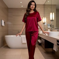 Amazon Ice Silk Pajamas Women's Summer Short-Sleeve Long-Pants Loungewear Loose Casual Set