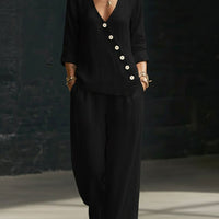 Loose-fitting V-neck Cross-over Shirt And Wide-leg Pants