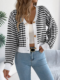 Women Color Block Stripe Lantern Sleeve Short Cardigan Sweater