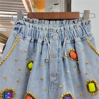 Diamond Beaded High Waist Women's Wide-Leg Denim Shorts