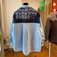 Loose-fit Casual Retro Ethnic-Style Printed Blue Striped Long-Sleeve Shirt For Women