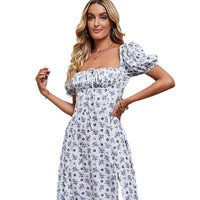 Puff-sleeve Strapless Floral Print Split Dress With Tie Closure And Short Sleeves