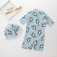 Boy One-piece Long Sleeves Penguin Beach Sun Protection Hot Spring Swimming Cap Swimsuit Two-piece