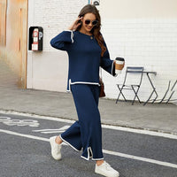 Women's Knitted 2-piece Set Long Sleeve Loose Top Wide Leg Pants Suit