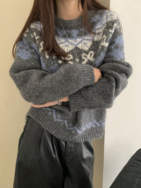 Loose Round Neck Contrast Jacquard Long Sleeve Knitted Top