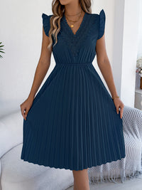 Casual Lace V-neck Ruffled-waist Pleated Dress