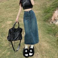 High-waisted Slit Denim Skirt A-line Midi Skirt