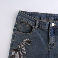 European And American Street Hipster Style Autumn New Women's Embroidered Pattern Retro Color With Diamond Slim Fit Slimming Jeans