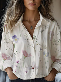 Floral-print Long-sleeve Shirt Delicate Linen Casual Blouse