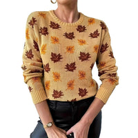 Maple Leaf Round Neck Loose Woolen Pullover Top