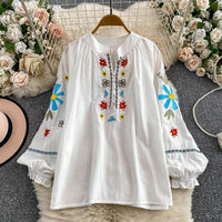 Sweet, Youth-Enhancing Floral Embroidery Stand Collar Puff Sleeve Shirt