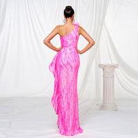 One-shoulder Diagonal Collar Sequined Slit Evening Dress
