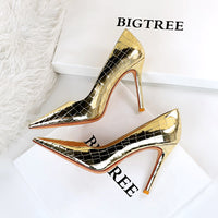 High Heels Metal Stone Pattern Stiletto Heel Low-cut Pointed-toe Shoes