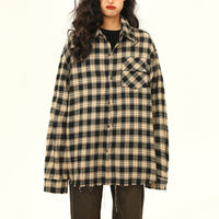 Womens Retro Maillard Loose All-Match Plaid Blouse