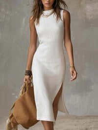 Sleeveless Solid-Color Tank Top High-Slit Elegant Midi Knitted Dress