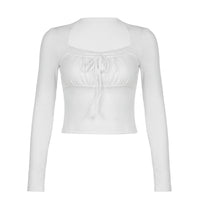 Lace Edge Stitching Fake Two-piece Long-sleeved T-shirt Slim Pleated Lace-up Short Top
