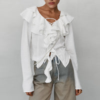 White Crepe Casual Ruffled Sexy Elegant Lace-up Long Sleeve Shirt