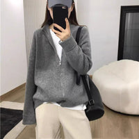 New Outdoor Idle Style Solid Color Zipper Knitted Cardigan Top