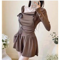 Fashionable Sexy Off-Shoulder Bow-Trimmed Asymmetrical Hem Long-Sleeve Top And Pants Set
