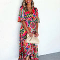 Womens Floral Peacock Lace-Up Swing Dress With Ruffled Hem
