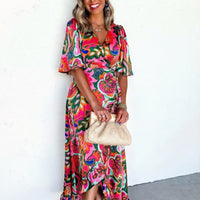 Womens Floral Peacock Lace-Up Swing Dress With Ruffled Hem