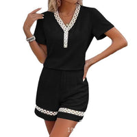 Women's V-neck Spliced Short-Sleeve Cotton-Linen Shorts Set