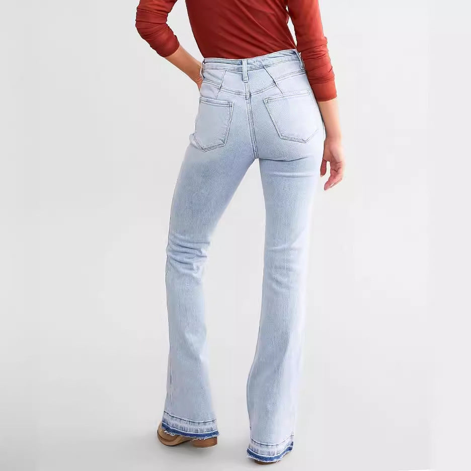 Women's High Waist Button Row Elastic Denim Pants